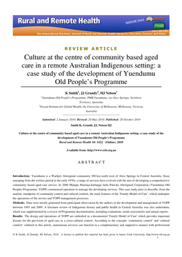 Culture at the Centre of Community Based Aged Care in a Remote Australian Indigenous Setting: a Case Study of the Development of Yuendumu Old People’S Programme