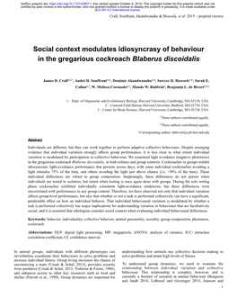 Social Context Modulates Idiosyncrasy of Behaviour in the Gregarious Cockroach Blaberus Discoidalis