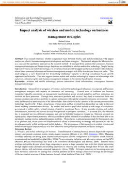 Impact Analysis of Wireless and Mobile Technology on Business Management Strategies Rashed Azim East India Services Limited, London