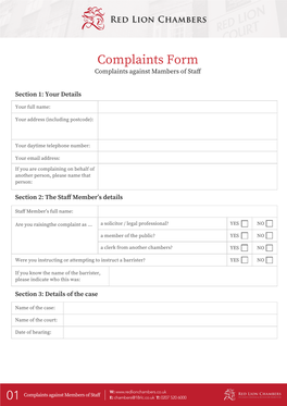 Complaints Form Complaints Against Mambers of Staﬀ