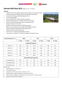 German Rail Pass 2015 (Validity: 01 Jan – 31 Dec 15)