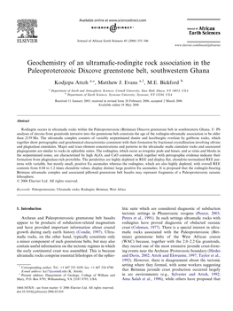 Geochemistry of an Ultramafic-Rodingite Rock Association in the Paleoproterozoic Dixcove Greenstone Belt, Southwestern Ghana