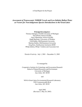 Assessment of Transoceanic NOBOB Vessels and Low-Salinity Ballast Water As Vectors for Non-Indigenous Species Introductions to the Great Lakes