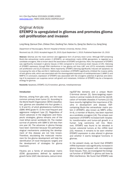 Original Article EFEMP2 Is Upregulated in Gliomas and Promotes Glioma Cell Proliferation and Invasion