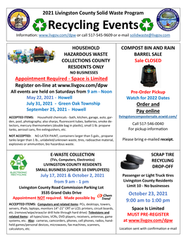 2021 Livingston County Solid Waste Program Recycling Events Information: Or Call 517-545-9609 Or E-Mail Solidwaste@Livgov.Com