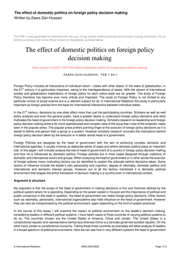 The Effect of Domestic Politics on Foreign Policy Decision Making Written by Zaara Zain Hussain