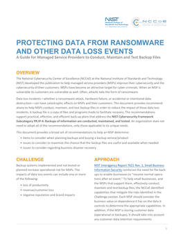 PROTECTING DATA from RANSOMWARE and OTHER DATA LOSS EVENTS a Guide for Managed Service Providers to Conduct, Maintain and Test Backup Files