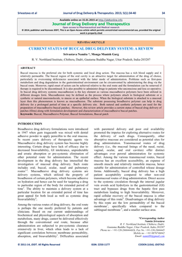 CURRENT STATUS of BUCCAL DRUG DELIVERY SYSTEM: a REVIEW Srivastava Namita *, Monga Munish Garg R