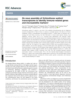 De Novo Assembly of Schizothorax Waltoni Transcriptome to Identify Immune-Related Genes Cite This: RSC Adv.,2018,8, 13945 and Microsatellite Markers†