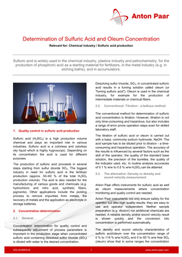 Determination of Sulfuric Acid and Oleum Concentration Relevant For: Chemical Industry / Sulfuric Acid Production