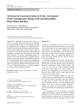 Advances in Geoconservation in Cuba: Assessment of the Guaniguanico Range and Guanahacabibes Plain (Pinar Del Río)