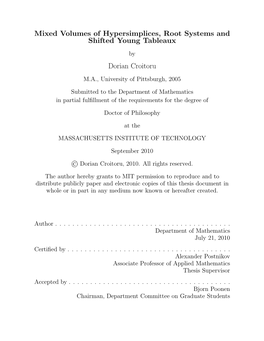 Mixed Volumes of Hypersimplices, Root Systems and Shifted Young Tableaux Dorian Croitoru