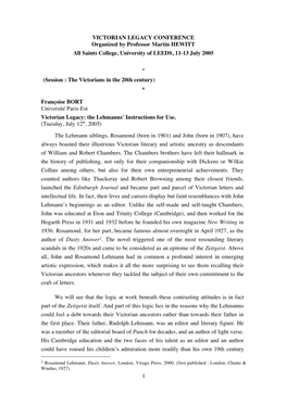 VICTORIAN LEGACY CONFERENCE Organized by Professor Martin HEWITT All Saints College, University of LEEDS, 11-13 July 2005