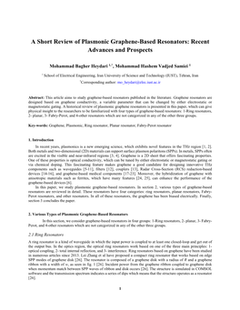 A Short Review of Plasmonic Graphene-Based Resonators: Recent Advances and Prospects