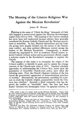 The Meaning of the Cristero Religious War Against the Mexican Revolution *