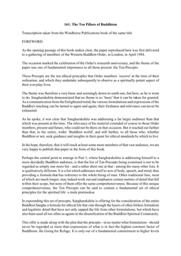 161: the Ten Pillars of Buddhism Transcription Taken from the Windhorse Publications Book of the Same Title FOREWORD As the Open