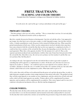 FRITZ TRAUTMANN: TEACHING and COLOR THEORY Excerpts from Fritz Trautmann’S Writings on Art, Memorial Art Gallery Archives