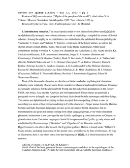 Review for Igitur (Italy) — Mai 13, 2003 — Pg 1 Review of Mify Narodov Mira (“Myths of the Peoples of the World”), Chief Editor S