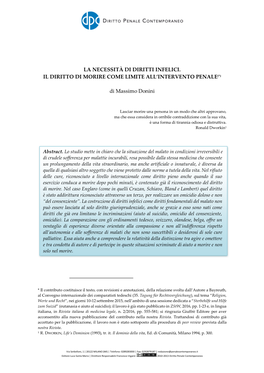 La Necessità Di Diritti Infelici. Il Diritto Di Morire Come Limite All’Intervento Penale(*)