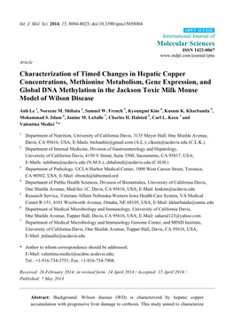 Characterization of Timed Changes in Hepatic Copper Concentrations, Methionine Metabolism, Gene Expression, and Global DNA Methylation in the Jackson Toxic Milk Mouse Model Of