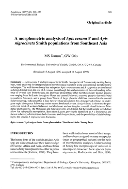 A Morphometric Analysis of Apis Cerana F and Apis Nigrocincta Smith Populations from Southeast Asia