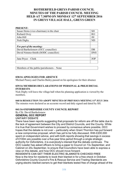 ROTHERFIELD GREYS PARISH COUNCIL MINUTES of the PARISH COUNCIL MEETING HELD at 7.30PM on MONDAY 12Th SEPTEMBER 2016 in GREYS VILLAGE HALL, GREYS GREEN