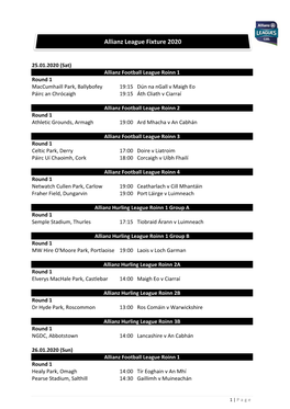 GAA Master Fixtures Schedule 2020