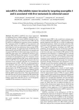 Microrna-320A Inhibits Tumor Invasion by Targeting Neuropilin 1 and Is Associated with Liver Metastasis in Colorectal Cancer