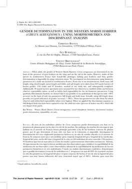 Gender Determination in the Western Marsh Harrier (Circus Aeruginosus ) Using Morphometrics and Discriminant Analysis