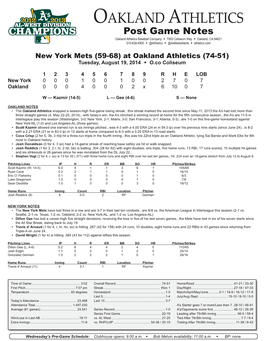 Post Game Notes Oakland Athletics Baseball Company W 7000 Coliseum Way W Oakland, CA 94621 510-638-4900 W @Athletics W @Asmediaalerts W Athletics.Com