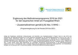 Ergänzung Des Maßnahmenprogramms 2016 Bis 2021Für Den Bayerischen Anteil Am Flussgebiet Rhein− Zusatzmaßnahmen Gemäß §