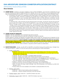 EAA AIRVENTURE OSHKOSH EXHIBITOR APPLICATION CONTRACT OPERATIONAL RULES & REGULATIONS Show Schedule