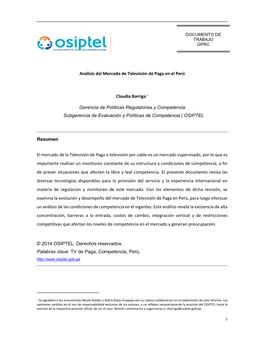 Análisis Del Mercado De Televisión De Paga En El Perú Claudia Barriga Gerencia De Políticas Regulatorias Y Competencia Subge