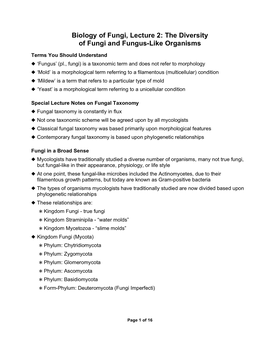 Biology of Fungi, Lecture 2: the Diversity of Fungi and Fungus-Like Organisms