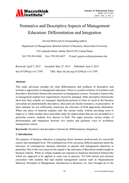 Normative and Descriptive Aspects of Management Education: Differentiation and Integration