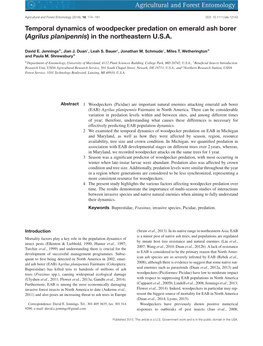 Temporal Dynamics of Woodpecker Predation on Emerald Ash Borer (Agrilus Planipennis) in the Northeastern U.S.A