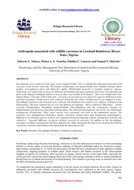 Arthropods Associated with Wildlife Carcasses in Lowland Rainforest, Rivers State, Nigeria