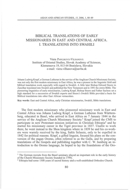 Biblical Translations of Early Missionaries in East and Central Africa. I. Translations Into Swahili