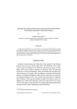 RECORD of a MALE SNOW CRAB, CHIONOECETES OPILIO with TWO EXTRA FINGERS on the LEFT CHELA INTRODUCTION Naturally Occurring Abnorm