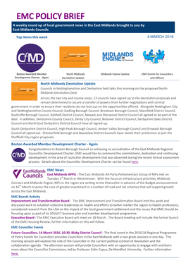 EMC POLICY BRIEF a Weekly Round up of Local Government News in the East Midlands Brought to You by East Midlands Councils