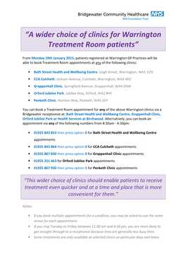 “A Wider Choice of Clinics for Warrington Treatment Room Patients”