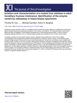 Isolation and Characterization of a Mutant Liver Aldolase in Adult Hereditary Fructose Intolerance