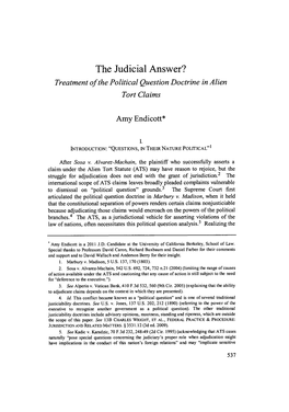 The Judicial Answer: Treatment of the Political Question Doctrine in Alien