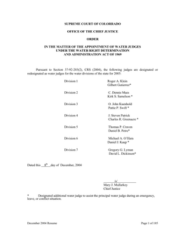 Supreme Court of Colorrado Office of the Chief Justice Order in the Matter of the Appointment of Water Judges Under the Water Ri