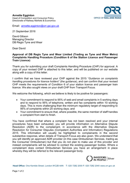 Approval of Tyne and Wear Metro CHP Letter