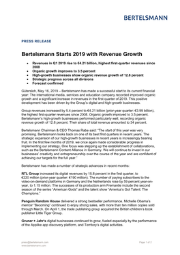 Bertelsmann Starts 2019 with Revenue Growth