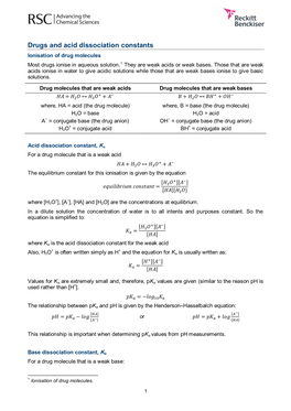 Drugs and Acid Dissociation Constants Ionisation of Drug Molecules Most Drugs Ionise in Aqueous Solution.1 They Are Weak Acids Or Weak Bases