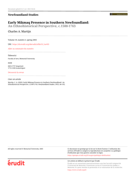 Early Mikmaq Presence in Southern Newfoundland:: an Ethnohistorical Perspective, C.1500-1763