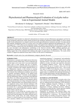 Phytochemical and Pharmacological Evaluation of Acalypha Indica Linn in Experimental Animal Models