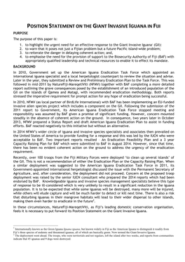 POSITION STATEMENT on the GIANT INVASIVE IGUANA in FIJI PURPOSE the Purpose of This Paper Is: 1